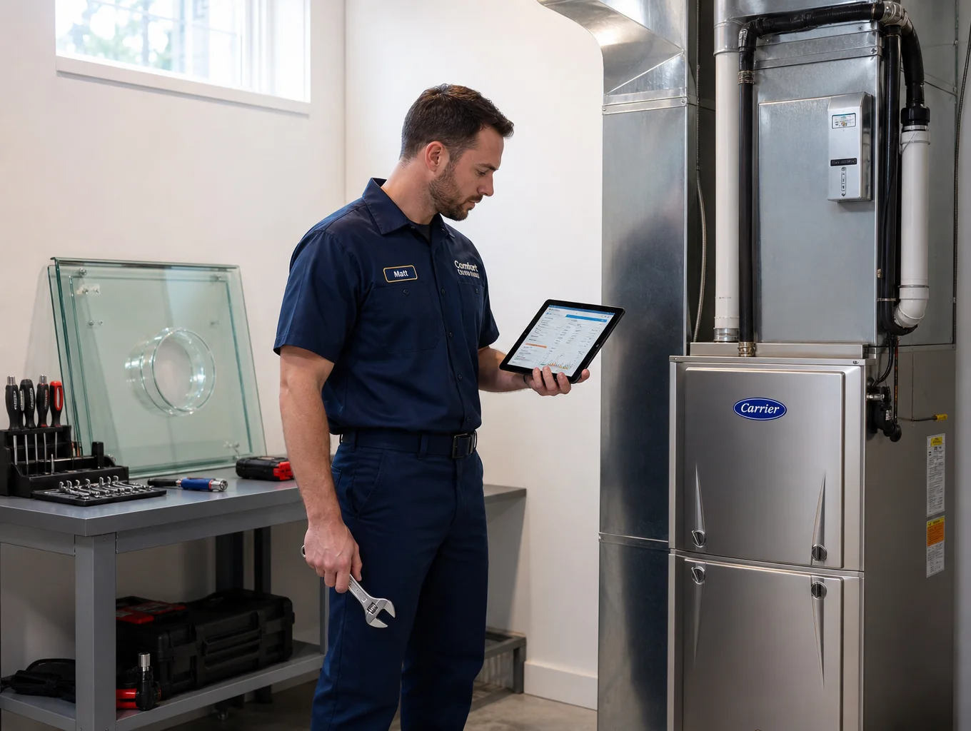 Home service technician inspecting heating and cooling equipment